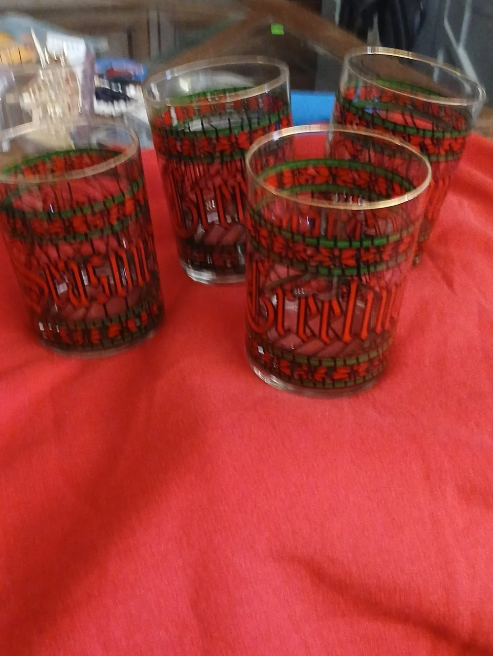 Set of 4 Festive Red and Green Glass Tumblers